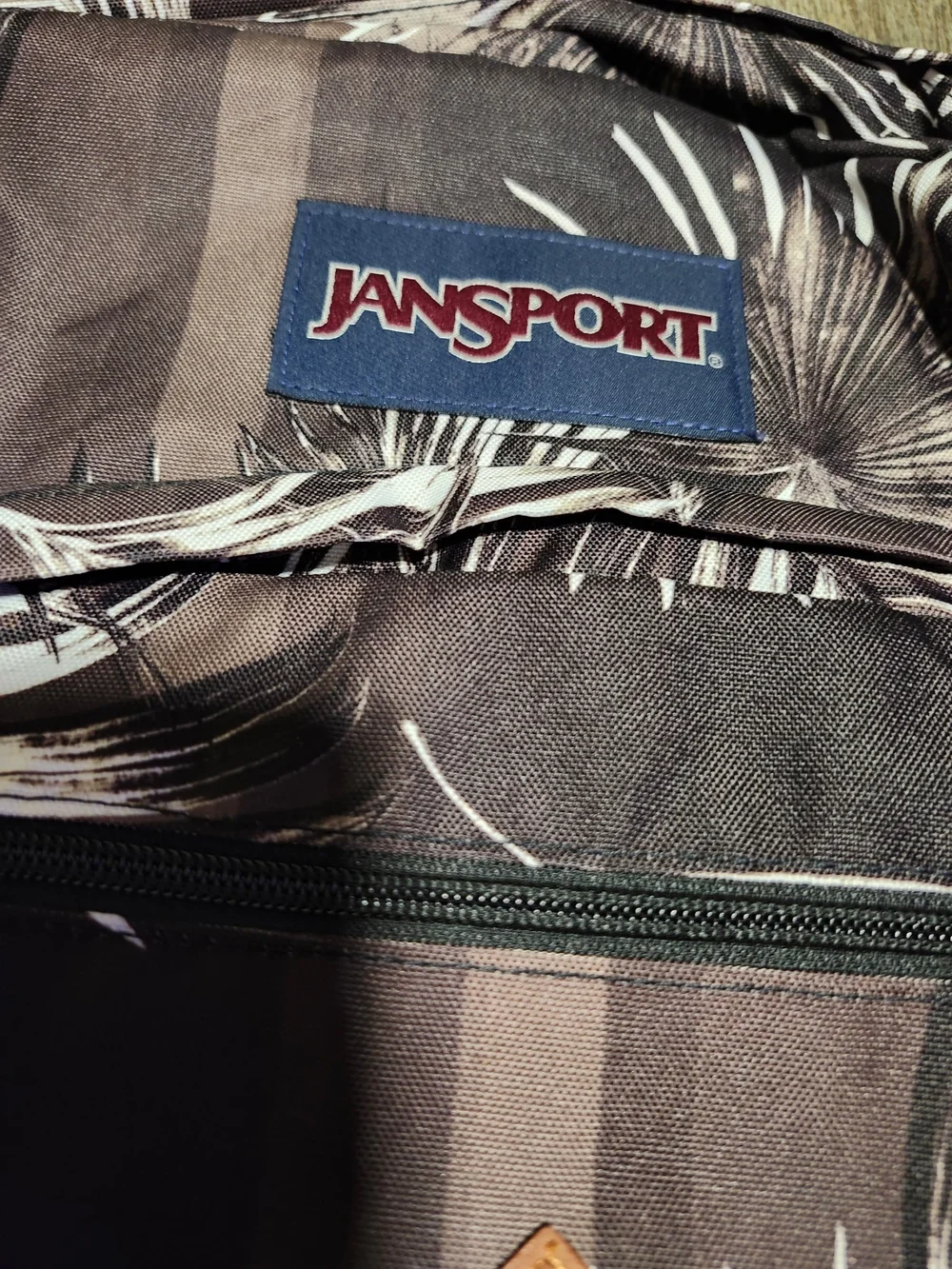 JanSport Black Palm-Print Backpack with Brown Base